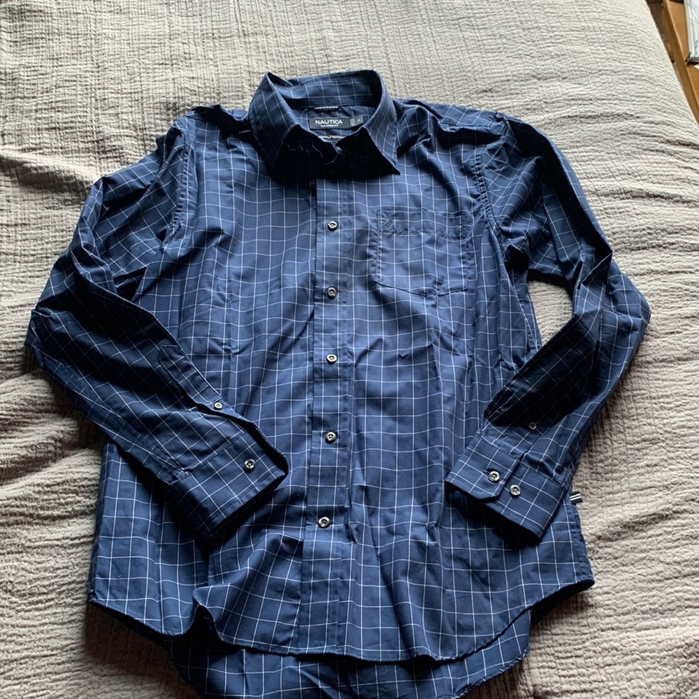 Nautica navy blue checked striped dress shirt